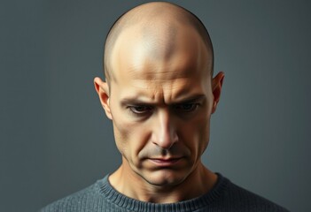 Bald man with solemn expression, gazing downward, neutral background