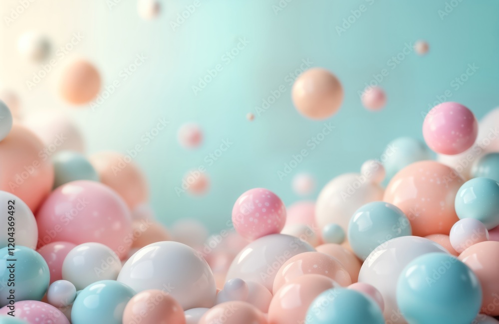 Poster pastel colored balls float in air. abstract art scene with soft colors, shapes. floating spheres in 