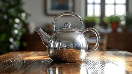 Shiny teapot on wood table in sunlit room reflecting interior.