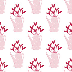 Fototapeta premium Seamless pattern with pink watering can and hearts. St Valentine's Day print.