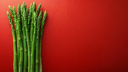 A perfect closeup of bunch of fresh asparagus isolated on red background