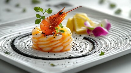 Shrimp appetizer on scallop tartare, balsamic glaze, white plate, restaurant setting.