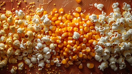 Top view of beautiful delicious popcorns placed on wooden table