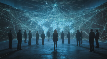 abstract professional business team people innovation connection of line from nail node to node on map background , networking concept