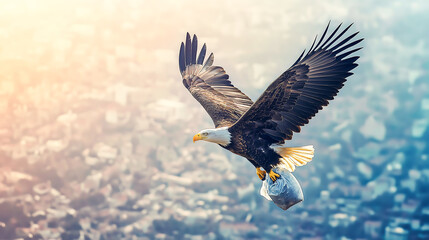 Obraz premium An elegant eagle carrying a plastic garbage bag, soaring high in the sky below of littered with trash and pollution, Environmental degradation to animal