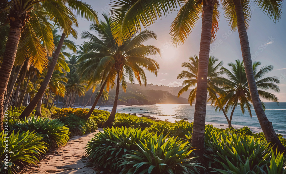 Aufkleber tropical beach with palm trees and a path leading to the water. the sun is setting, casting a warm g