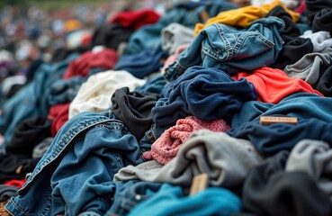 Massive pile of discarded clothes. Fast fashion impact on eco system visible. Consumerism issue. Clothes pile colorful mess. Textile waste problem. People ignore eco cost of cheap clothes. Lots of
