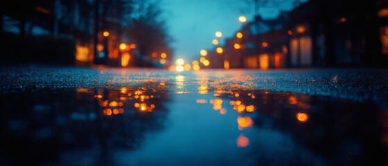 Fototapeta premium Vivid Reflection of City Lights on Rainy Evening Street Scene