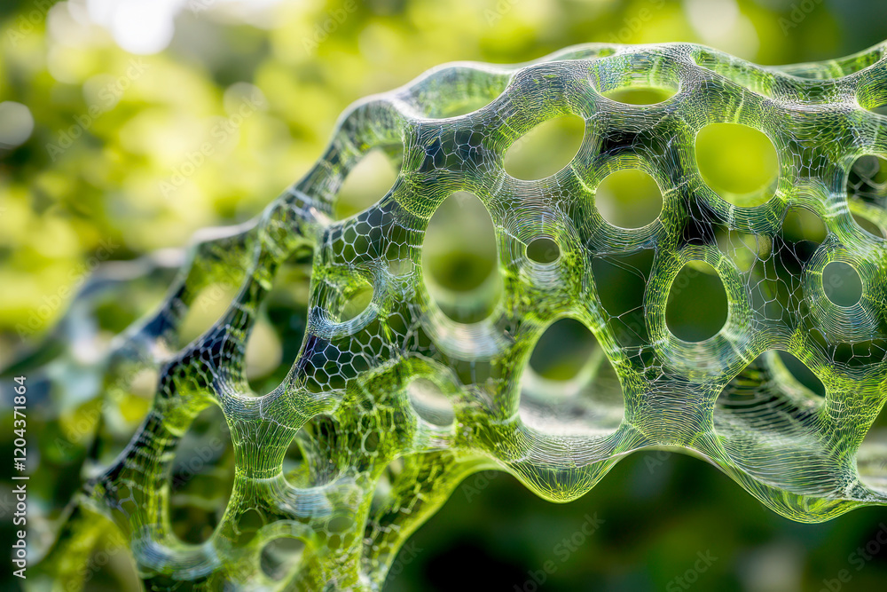 Poster a close-up abstract image of a flexible honeycomb-patterned green material intertwining