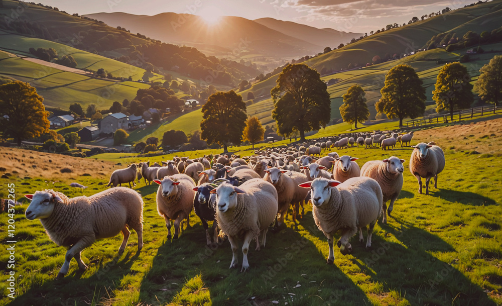 Poster Herd of sheep are grazing in a field. The sheep are spread out across the field, with some standing closer to the foreground and others further back. The sun is shining brightly, casting a warm glow