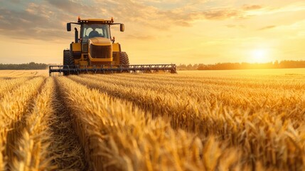 Fototapeta premium Tractor harvesting wheat at sunset; golden field background; agriculture imagery