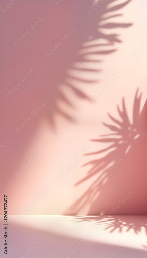 Aufkleber Light pink wall with soft shadows of palm leaves. Minimalist style interior. Empty space for product presentation. Simple studio setup. Beautiful, clean background ideal for advertising cosmetic