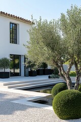 Obraz premium In a sunny garden setting, the combination of olive trees and contemporary architecture forms a peaceful outdoor oasis, enhanced by elegant landscaping