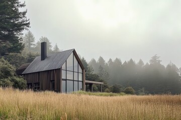Obraz premium A contemporary cabin is nestled among towering grass and swirling mist, set against the backdrop of forested hills in a tranquil landscape illuminated by the soft glow of early morning light