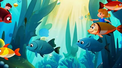 artwork concept imagination fishes fantasy children riding painting art illustration imagination painting artwork dream cartoon children fantasy surreal happiness cute underwater sea animal fish
