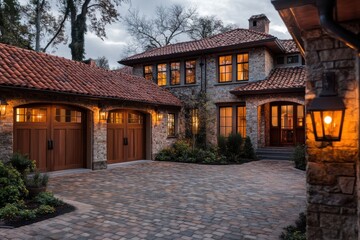 Obraz premium The serene neighborhood transforms at dusk, showcasing elegant residential architecture adorned with beautiful stone and tile designs