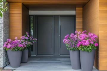 Fototapeta premium Elegant entrance with modern doors and vibrant pink flowers in stylish planters, creating a welcoming atmosphere in a contemporary home