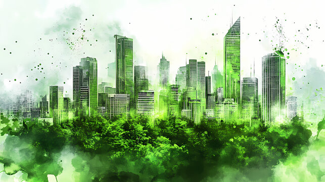 A futuristic city with green buildings and lush greenery, watercolor style, dynamic lighting and subtle shadows for a realistic feel. Futuristic City. Illustration