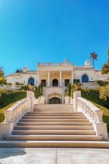 Luxurious white mansion surrounded by lush greenery under a clear blue sky with grand staircase leading to the entrance located in a serene neighborhood