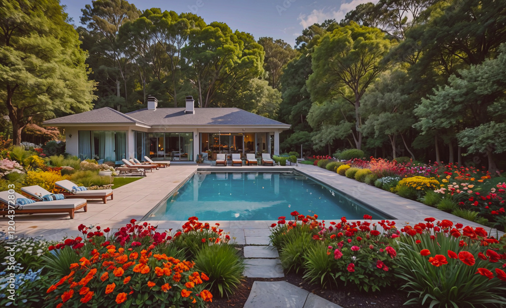 Aufkleber large house with a pool and a garden. the pool is surrounded by flowers and the house has a lot of w