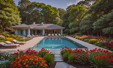 Large house with a pool and a garden. The pool is surrounded by flowers and the house has a lot of windows