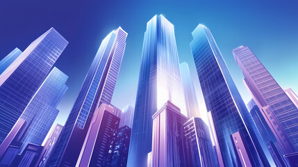 A futuristic illustration of a city with towering glass buildings and a sapphire sky. Futuristic City. Illustration