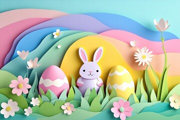 Abstract Paper Cut Illustration Bunnies Happy Easter Colorful Eggs