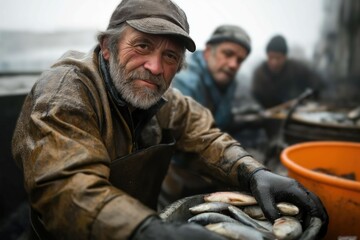 Fototapeta premium Elderly caucasian male fisherman sorting fresh catch at busy dock
