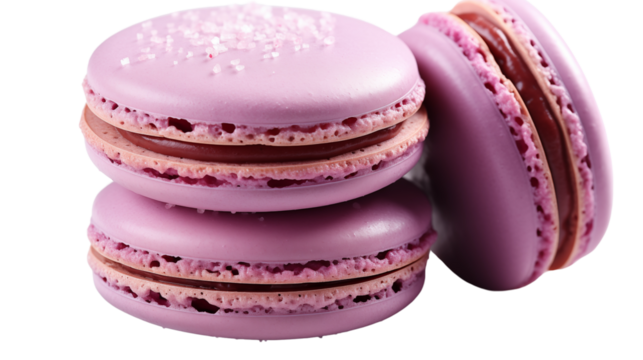 A purple macaroon with glossy texture and a rich cream filling for indulgence, studio view, isolated on transparent background.