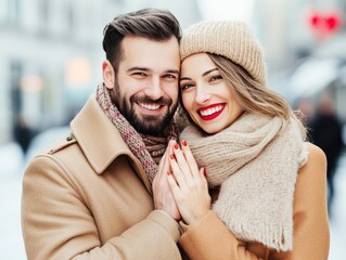 Happy couple bundled in cozy winter attire, smiling outdoors with a festive city background,...