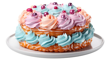 A bright slice of rainbow cake on a plate, perfect for cheerful dessert visuals, studio view, isolated on transparent background.