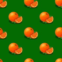 seamless pattern with oranges on the green background for package, fabric, wallpaper or graphic design 