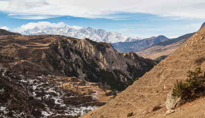 Panoramic and aerial view over mountains of Caucasus. Mountaneous landscape. Cmiti, North Ossetia, Russia