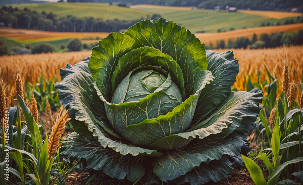 Poster large, leafy green cabbage is the center of attention in a field of yellow corn. the corn is scatter