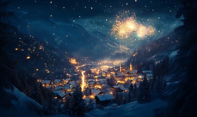 Festive winter village nestled in snowy mountains with vibrant fireworks display at night.