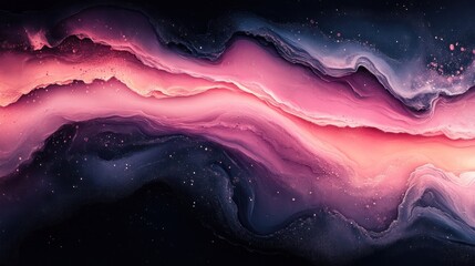Obraz premium Abstract fluid art showcasing vibrant pink and purple waves against a dark background, emphasizing motion