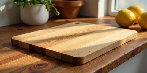 Sunlit Wooden Cutting Board on a Rustic Countertop