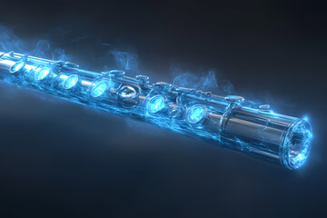 A glowing digital flute emitting radiant holographic melodies, symbolizing purity and grace