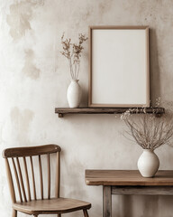 Japandi style room interior with wall art frame mockup, wooden shelf, ceramic flower vase and a chair. Boho vibe apartment. 