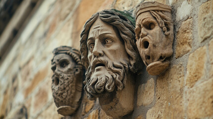 Gothic architecture, A detailed image of grotesque figures carved into a surface, showcasing high fidelity and intricate artistry.