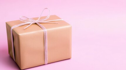 Obraz premium Wrapped gift box with a pink background, symbolizing generosity, surprises, and celebrations in a clean and minimalist aesthetic with a soft pastel tone