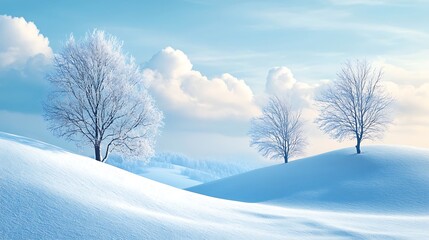 Obraz premium Snowy landscape with frost-covered trees on hills under a bright winter sky.