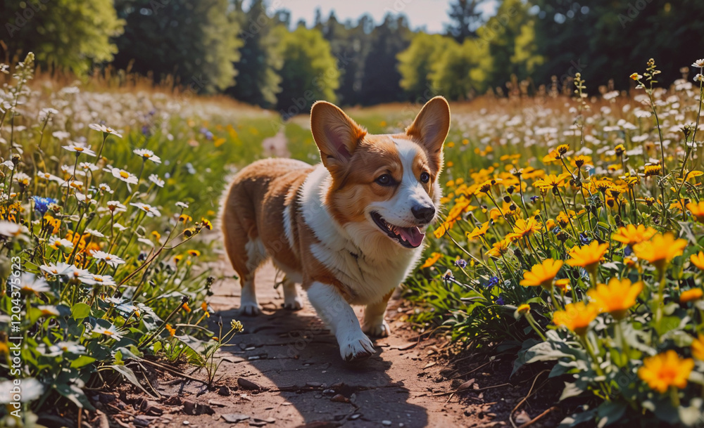Poster small dog is walking through a field of flowers. the dog is brown and white and he is enjoying the w