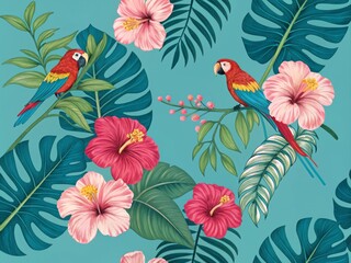 Seamless pattern showcases a variety of colorful tropical flowers