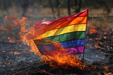 Rainbow colored LGBT flag burning in flames representing discrimination and human rights
