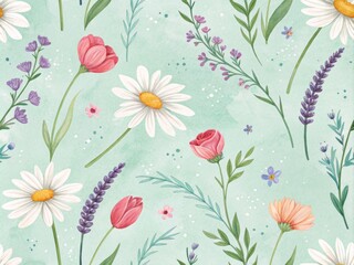 Delicate Floral Seamless Pattern on Mint Green Background