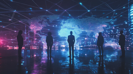 Obraz premium abstract professional business team people innovation connection of line from nail node to node on map background , networking concept