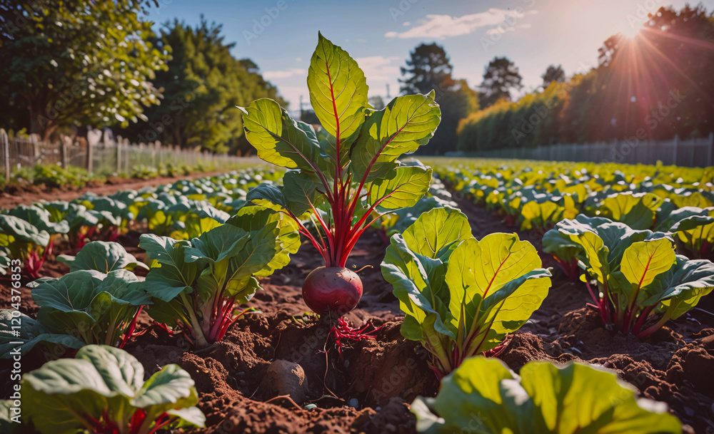 Poster field of vegetables with a large beetroot in the foreground. the field is full of green plants and t