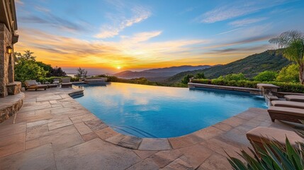 Obraz premium Luxury Pool at Sunset with Mountain Views