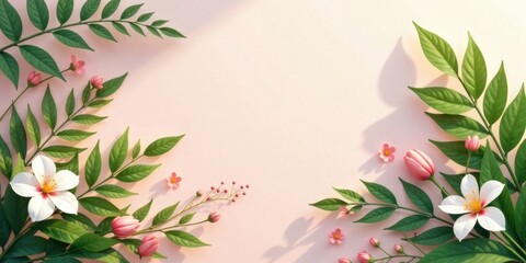Fototapeta premium Pastel Pink Floral Background with Lush Greenery and Delicate Blooms Forming a Frame